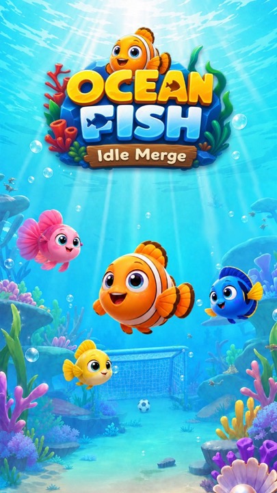 Main cast of fish in a bright reef with soccer goal